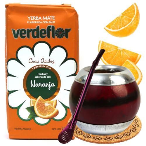 Mate Green Yerba Mate-Tee Set mit Kalebasse PERLE ● Argentinien Mate-Tee Verdeflor Naranja 500g ● Edeltahl trinkhalm Bombilla ● Calabaza ● Kelabasse mate becher ● Yerba Mate Tee loose leaf 0,5kg von Verdeflor