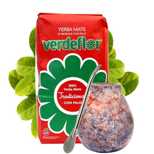 Yerba Mate-Tee Set●Mate-Tee Verdeflor Tradicional 500g●Keramik becher Caleidoscope 350ml mate tee tasse●Edeltahl trinkhalm Bombilla 19cm● Argentinien Mate-Tee●Mate-Trinkgefäß von Verdeflor