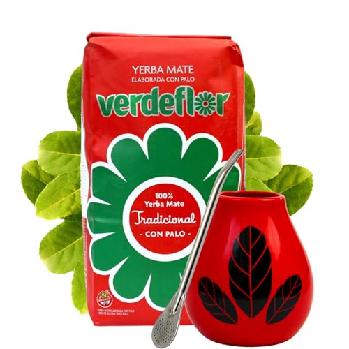 Yerba Mate-Tee Set●Mate-Tee Verdeflor Tradicional 500g●Keramik becher Hoja Red 350ml mate tee tasse●Edeltahl trinkhalm Bombilla 19cm● Argentinien Mate-Tee●Mate-Trinkgefäß von Verdeflor