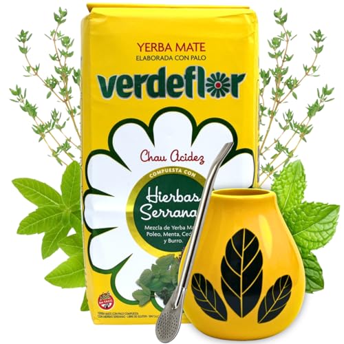 Yerba Mate-Tee Set●Verdeflor Hierbas Serranas 1kg●Argentinien Mate-Tee mit Minze und Zitronenverbene●Keramik becher Hoja Yellow 350ml mate tee tasse●Edelstahl trinkhalm Bombilla 19cm●Mate-Trinkgefäß von Verdeflor