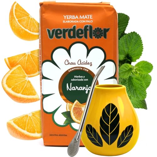 Yerba Mate-Tee Set●Verdeflor Naranja Mate-Tee 500g mit Orangen-Aroma●Keramik becher Hoja Yellow 350ml mate tee tasse●Edeltahl trinkhalm Bombilla 19cm● Argentinien Mate-Tee●Mate-Trinkgefäß von Verdeflor