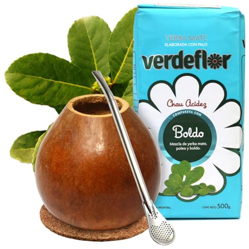 Yerba Mate-Tee Set●Yerba Mate-Tee Verdeflor Boldo 500g●Traditionelle argentinische Kalebasse 150-250ml●Edeltahl trinkhalm Bombilla 15,5cm● Argentinien Mate-Tee●Mate-Trinkgefäß von Verdeflor