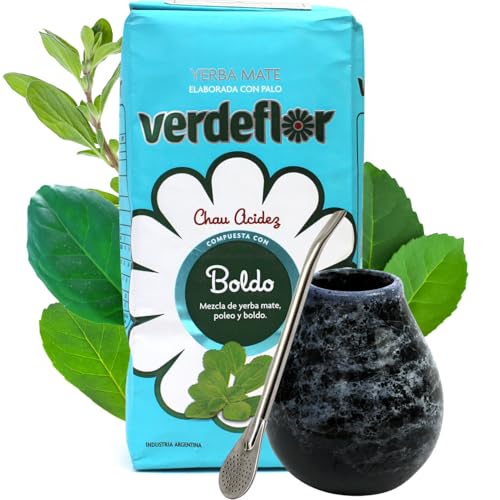 Yerba Mate-Tee Set●Yerba Mate-Tee Verdeflor Boldo●Keramik becher Marmol Blue 350ml mate tee tasse●Edeltahl trinkhalm Bombilla 19cm● Argentinien Mate-Tee●Mate-Trinkgefäß von Verdeflor