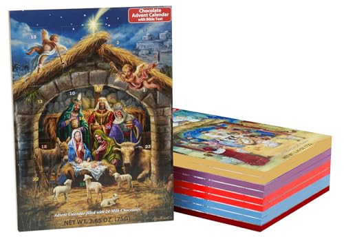 Set mit 10 Schokoladen-Adventskalendern, verschiedene religiöse Designs, Countdown bis Weihnachten mit einem süßen Leckerbissen und Follow the Krippengeschichte von Vermont Christmas Company