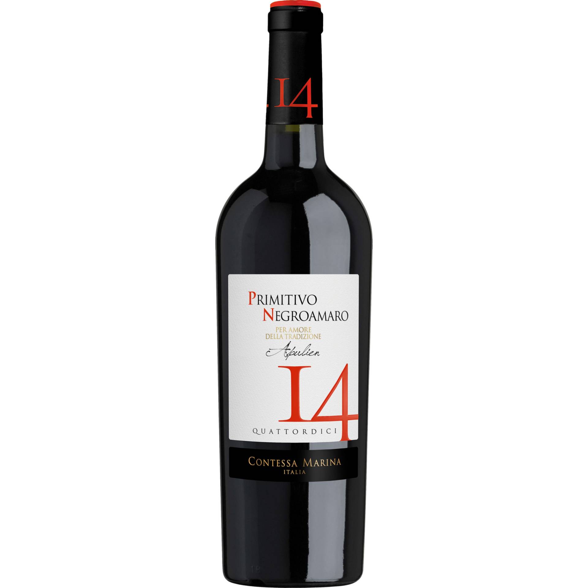 Contessa Marina 14 Primitivo Negroamaro, Puglia IGP, Apulien, 2022, Rotwein von Vertrieb durch Saffer Wein GmbH, Deutschland, Imbottigliato da: Cantolio Manduria S.c.a. - Manduria - Italia