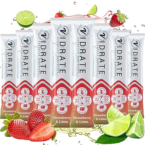 Elektrolyt Pulver ohne Zucker - Erdbeere & Limette Aromatisiertes Elektrolytgetränk mit Vitaminen & natürlichen Inhaltsstoffen für Erwachsene - ViDrate 8er-Pack Hydration Pulver Tütchen von ViDrate