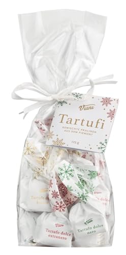 Viani - Tartufi dolci classici misti natale, 125 g Beutel, Pralinensorten Bianco, Nero und Extranero, Geschenkpackung mit Tartufi misti - kunstvoll in festliches Weihnachtspapier eingewickelt von Viani