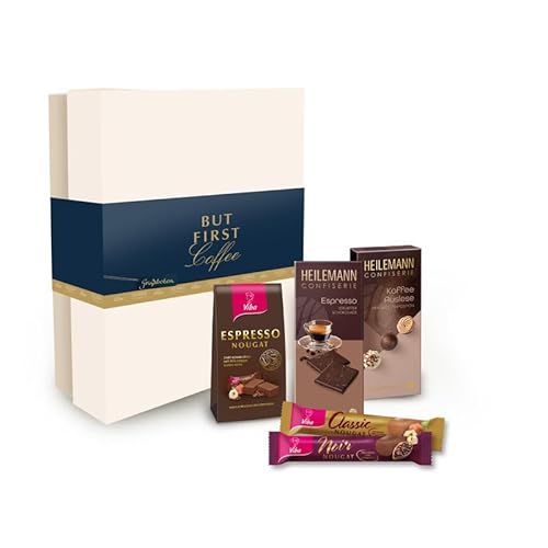 Geschenkbox mit Schokolade, Nougat und Pralinen (But first Coffee) von Viba