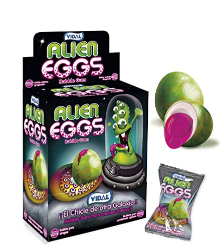 Vidal Alien Eggs, Kaugummis mit saurer Füllung, Außerirdischen Ei, 200 Stück im Karton, einzelverpackt, grün außen mit roter Füllung von Vidal