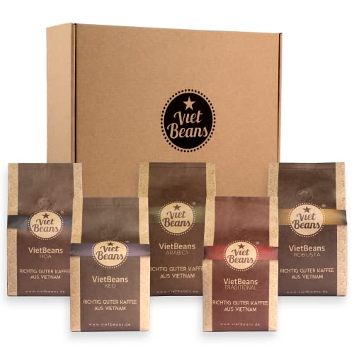 VietBeans Kaffee Probierset gemahlen - Fünf spannende Kaffeesorten für Kaffeeliebhaber - Geschenkset - 5 x 250g Exklusive Kaffeespezialitäten – Kaffeegeschenk (Großes Probierpaket gemahlen) von VietBeans