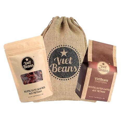 VietBeans Kaffeegeschenk Im Jutebeutel - Geburtstagsgeschenk Für Frauen, Männer & Geschenke Für Papa - Gemahlener Kaffee 250g & Chilischoten Ganz - Verschenkfertig & Stilvoll Verpackt von VietBeans