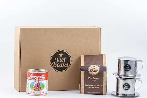 VietBeans Vietnamesisches Kaffee Set "Frühstück zu zweit" - 250g gemahlener Röstkaffee HOA + 2 x Edelstahlfilter (Phin) + gez. Kondensmilch von VietBeans