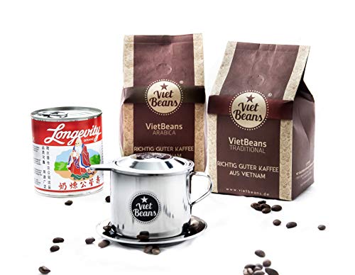 Vietnamesisches Kaffee-Starterset VietBeans Gemahlen - 2 x 250g + Filter (Phin) + gez. Kondensmilch - Kaffee Vietnam - Hochwertiger vietnamesischer Kaffee von VietBeans