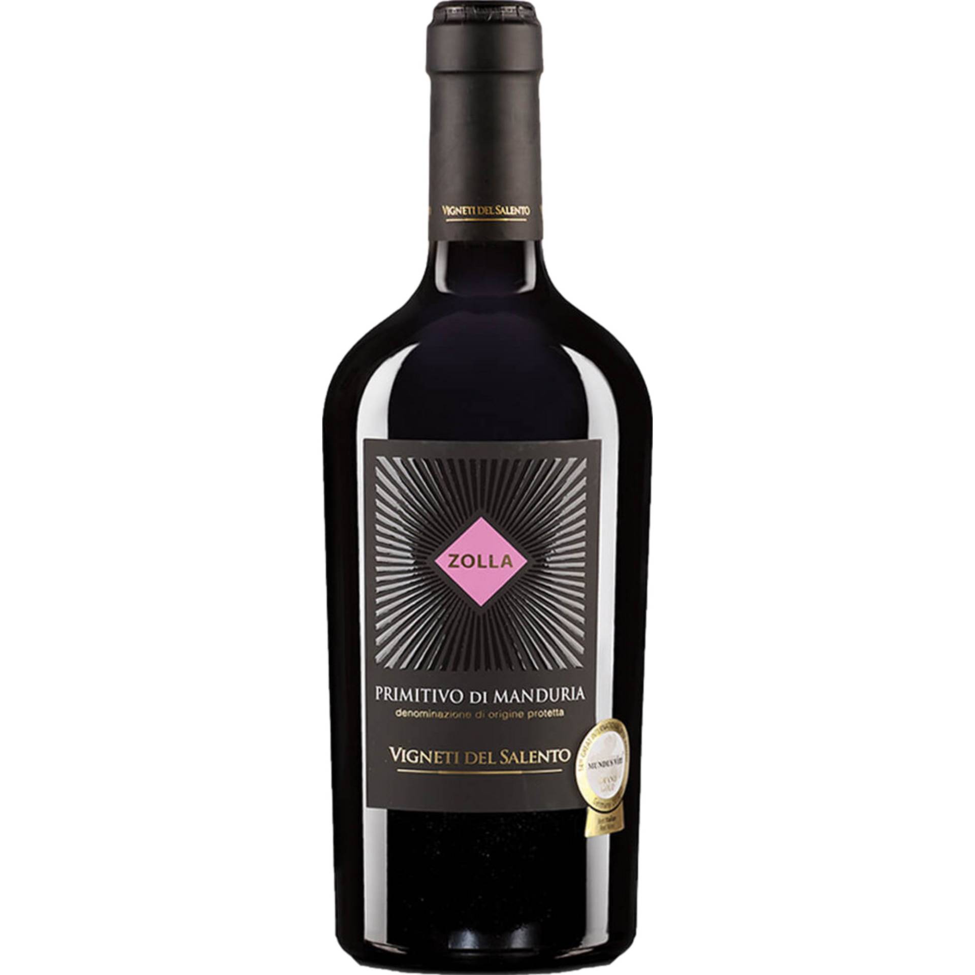 Zolla Primitivo di Manduria, Primitivo di Manduria DOC, Apulien, 2020, Rotwein von Vignete del Salento, Via Vigne, 84040 Velina, Italien