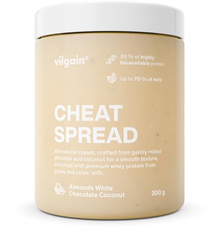 Vilgain Cheat Spread 300 g – 100% natürlich, proteinreich, cremig, ohne Palmöl, glutenfrei, ohne Zuckerzusatz, Desserts & Fitness-Lifestyle (300g, Mandeln mit weisser schokolade und kokosnuss) von Vilgain