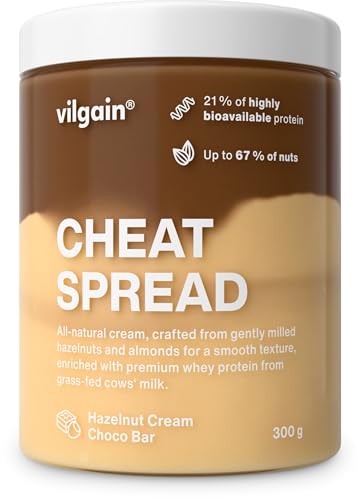 Vilgain Cheat Spread 300 g – 100% natürlich, proteinreich, cremig, ohne Palmöl, glutenfrei, ohne Zuckerzusatz, Desserts & Fitness-Lifestyle (300g, Schokoriegel mit haselnusscreme) von Vilgain