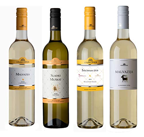 Vinakoper Geschenke für Frauen Probierpaket Malvasia - Malvazija und lieblicher süsser Muskateller Weisswein 4 x 0,75 lt Weinpaket aus Istrien - EINWEG von Vinakoper