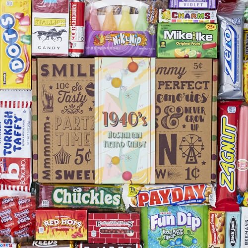 VINTAGE CANDY CO. Retro-Süßigkeiten-Geschenkbox aus den 1940er-Jahren – Nostalgie-Süßigkeiten der 40er Jahre – Throwback Forties lustiger Geschenkkorb – perfekte 40er-Jahre-Süßigkeiten für Erwachsene, von Vintage Candy Co.