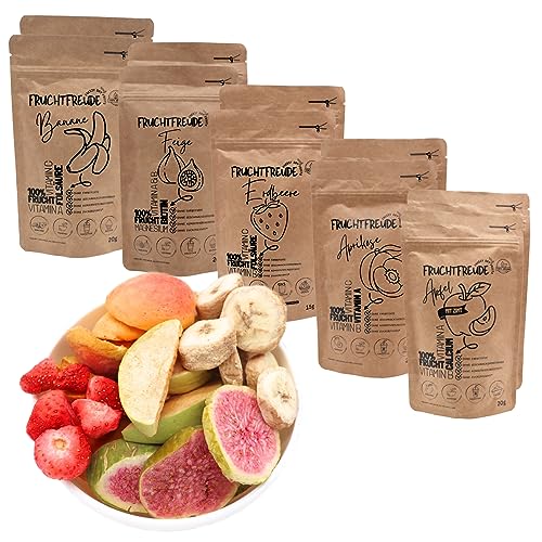 Fruchtfreude Probierpaket – Gefriergetrocknete Früchte Mix (10 Sorten, je 2 x Erdbeere, Feige, Banane, Apfel, Aprikose) – 100% Pure Trockenfrüchte | ohne Zusatzstoffe von Virelya