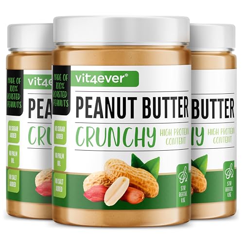 Erdnussbutter Crunchy - 3 kg natürliche Peanut Butter Ohne Zusätze - High Protein - Erdnussmus ohne Zusätze von Salz, Öl oder Palmfett - Vegan (3x1kg) von Vit4ever