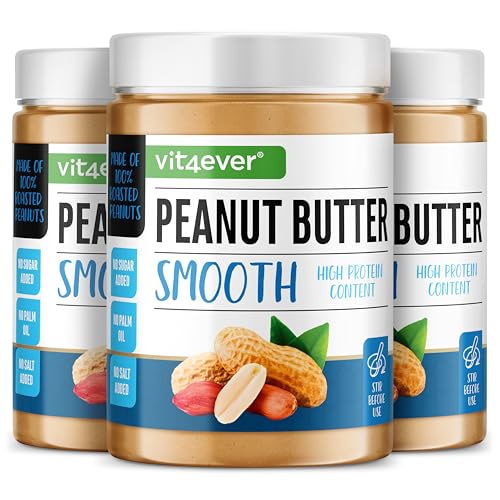Erdnussbutter Smooth - 3 kg natürliche Peanut Butter Ohne Zusätze - High Protein - Erdnussmus ohne Zusätze von Salz, Öl oder Palmfett - Vegan (3x1kg) von Vit4ever