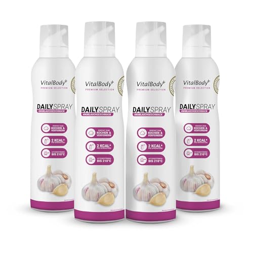 VitalBody+ DailySpray Knoblauchgeschmack, 4er Pack, 2 kcal Rapsölspray zum Braten, Grillen & Backen, ideal zum Abnehmen, 3200 Portionen, Non-Stick cooking spray von VitalBody+ SUPPLEMENTS