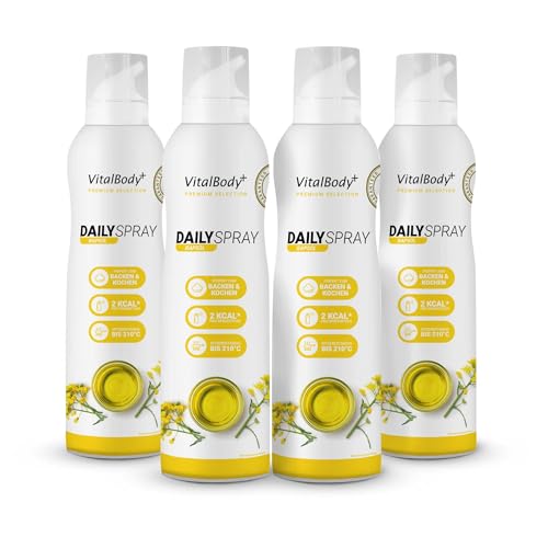 VitalBody+ DailySpray 4er Pack, Rapsölspray zum Braten, Grillen & Backen, 3200 Portionen, 2 kcal pro Sprühstoß, ideal zum Abnehmen, Non-Stick Cooking Spray, Trennspray, zertifiziert & laborgeprüft von VitalBody+ SUPPLEMENTS