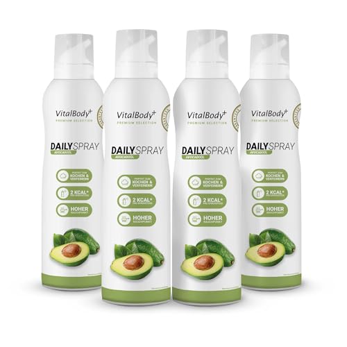 VitalBody+ DailySpray Avocadoöl, 4er Pack, 3200 Portionen, 2 kcal Spray zum Braten, Grillen & Verfeinern, für gesundes Kochen, Non-Stick cooking spray mit Avocadoöl von VitalBody+ SUPPLEMENTS