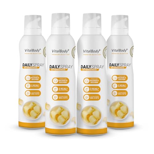 VitalBody+ DailySpray Buttergeschmack, 4er Pack, 2 kcal Rapsölspray zum Braten, Grillen & Backen, zum Abnehmen, 3200 Portionen, Non-Stick Cooking Spray mit Butteraroma, zertifiziert & laborgeprüft von VitalBody+ SUPPLEMENTS