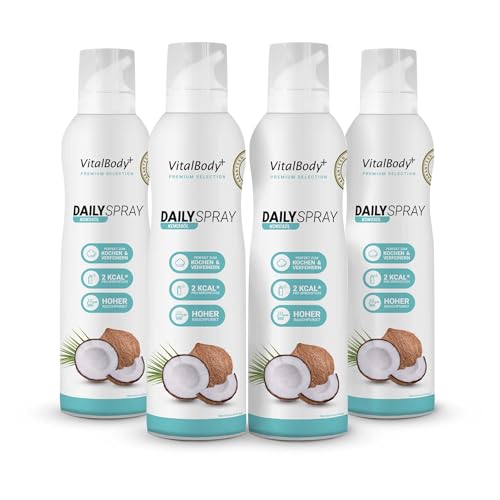 VitalBody+ DailySpray MCT Kokosöl, 4er Pack, 2 kcal Pfannenspray zum Braten, Grillen & Verfeinern, für gesundes Kochen, Non-Stick cooking spray mit MCT Kokosöl von VitalBody+ SUPPLEMENTS