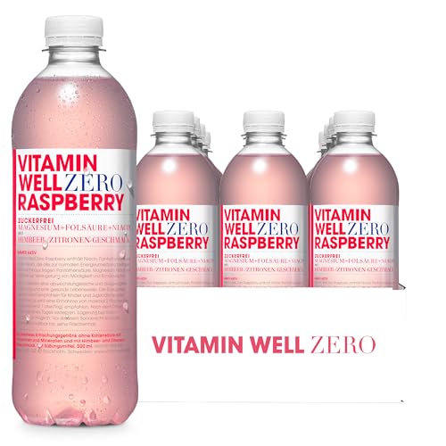 Geschmackvolles Vitamin Wasser mit Magnesium, Folsäure, Niacin – Zuckerfreies Getränk, angereichert mit essenziellen Nährstoffen, 12 x 500ml inkl. Pfand (Zero Raspberry) von Vitamin Well