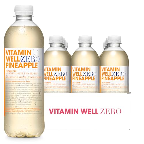 Geschmackvolles Vitamin Wasser mit Vitamin D, Selen, Biotin – Zuckerfreies Getränk, angereichert mit essenziellen Nährstoffen, 12 x 500ml inkl. Pfand (Zero Pineapple) von Vitamin Well