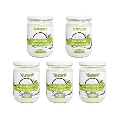Vitaquell Kokosöl Bio (400g) kaltgepresst 5 X Kokosöl 400g (430ml) = 2000g (2150ml) zum Kochen, Backen, Braten oder für die Hautpflege von Vitaquell