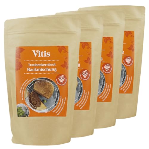 Vitis Traubenkern Brotbackmischung | 4x 500g Packung | reines Naturprodukt | hoher Ballaststoffgehalt | herzhaft kerniger Geschmack | zertifizierter Herstellungsprozess von Vitis