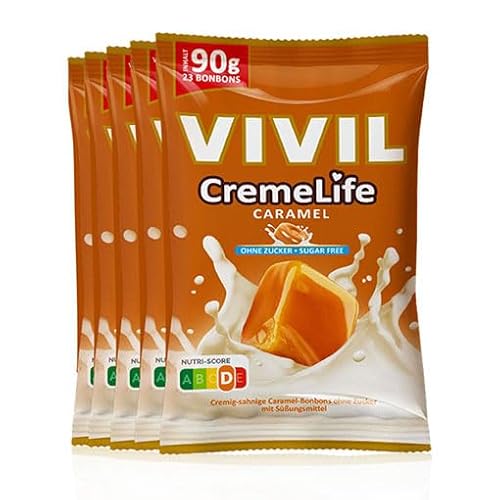 VIVIL Creme Life Caramel, 5 Beutel, Sahnebonbons mit Karamellgeschmack, zuckerfrei & glutenfrei, 5 x 90g von Vivil