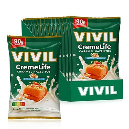 VIVIL Creme Life Caramel Hazelitos, 15 Beutel, Sahnebonbons mit Nussgeschmack, zuckerfrei & glutenfrei, 15 x 90g von Vivil