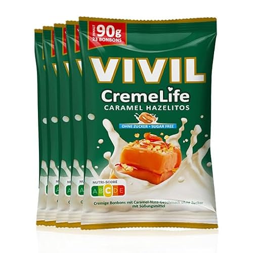 VIVIL Creme Life Caramel Hazelitos, 5 Beutel, Sahnebonbons mit Nussgeschmack, zuckerfrei & glutenfrei, 5 x 90g von Vivil