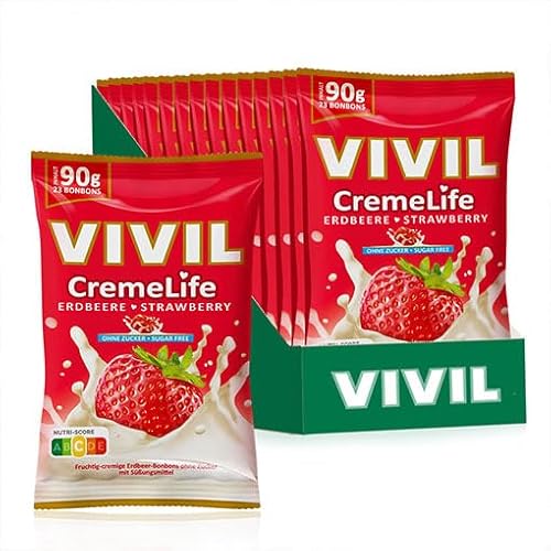 VIVIL Creme Life Erdbeere, 15 Beutel, fruchtige Sahnebonbons mit Erdbeergeschmack, zuckerfrei & glutenfrei, 15 x 90g von Vivil