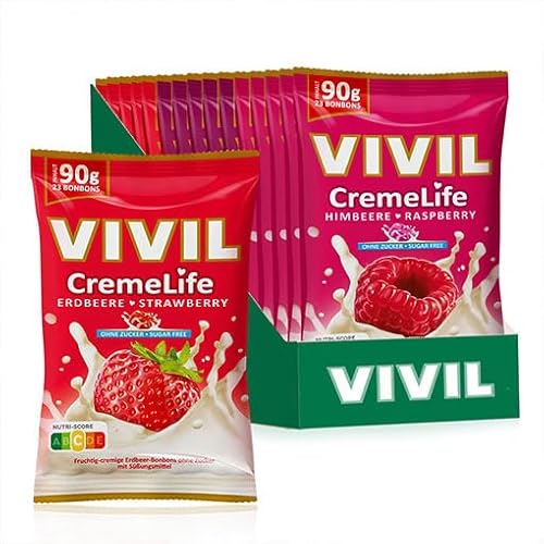 VIVIL Creme Life Fruchtmix, 15 Beutel, fruchtige Sahnebonbons mit Erdbeere, Himbeere und Kirsche, zuckerfrei & glutenfrei, 15 x 90g von Vivil