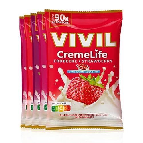 VIVIL Creme Life Fruchtmix, 5 Beutel, fruchtige Sahnebonbons mit Erdbeere, Himbeere und Kirsche, zuckerfrei & glutenfrei, 5 x 90g von Vivil