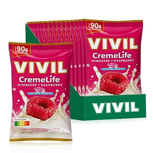 VIVIL Creme Life Himbeere, 15 Beutel, fruchtige Sahnebonbons mit Himbeergeschmack, zuckerfrei & glutenfrei, 15 x 90g von Vivil