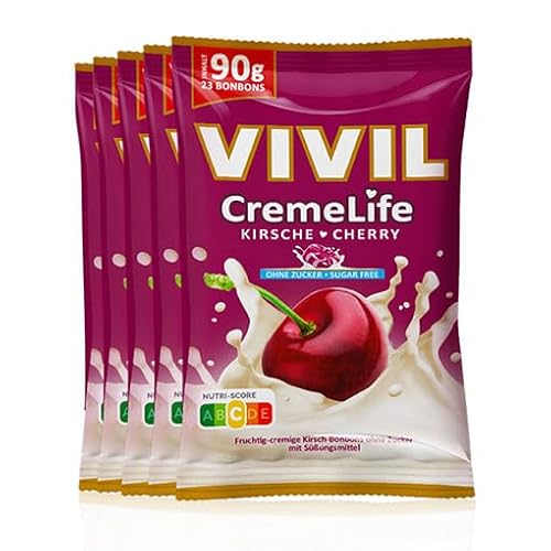 VIVIL Creme Life Kirsche, 5 Beutel, fruchtige Sahnebonbons mit Kirschgeschmack, zuckerfrei & glutenfrei, 5 x 90g von Vivil