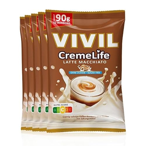 VIVIL Creme Life Latte Macchiato, 5 Beutel, kräftige Sahnebonbons mit Kaffeegeschmack, zuckerfrei & glutenfrei, 5 x 90g von Vivil