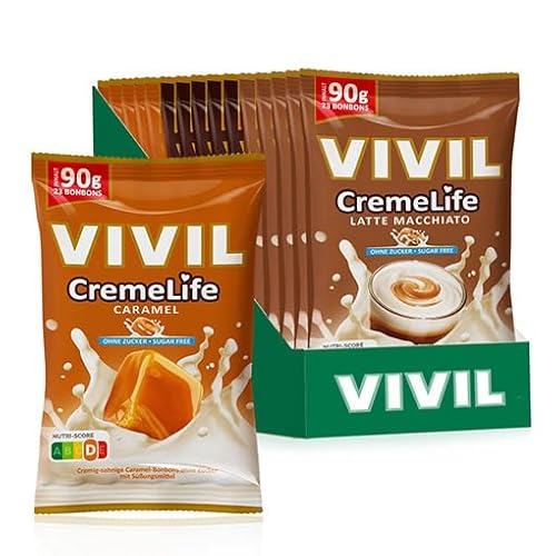 VIVIL Creme Life Mix Kaffee/Karamell, 15 Beutel, kräftige Sahnebonbons mit Kaffeegeschmack und Karamellgeschmack, zuckerfrei, 15 x 90g von Vivil