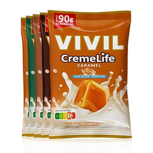 VIVIL Creme Life Mix Kaffee/Karamell, 5 Beutel, kräftige Sahnebonbons mit Kaffeegeschmack und Karamellgeschmack, zuckerfrei, 5 x 90g von Vivil