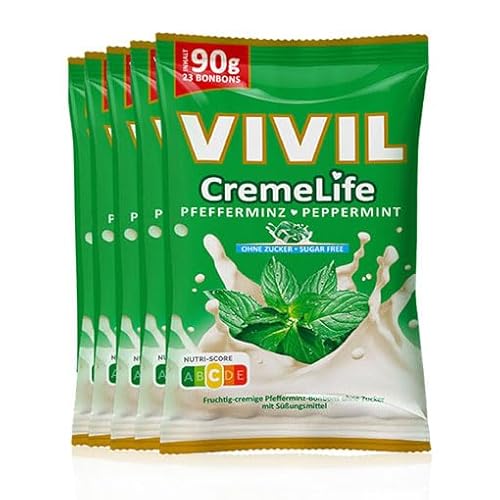 VIVIL Creme Life Pfefferminz, 5 Beutel, frische Sahnebonbons mit Pfefferminzgeschmack, zuckerfrei & glutenfrei, 5 x 90g von Vivil