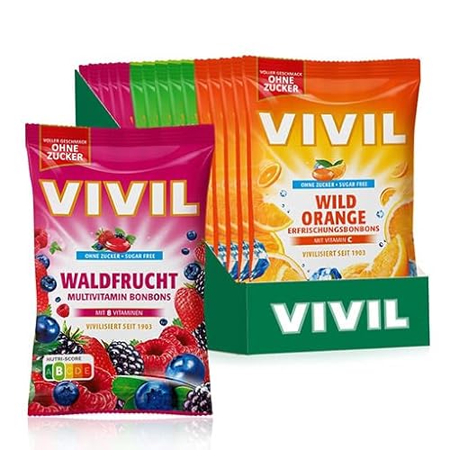 VIVIL Erfrischungsbonbons Mix, 15 Beutel, Erfrischungsbonbons mit Waldfrucht, Wild Orange und Limette-MInze, zuckerfrei, vegan & glutenfrei, 15 x 120g von Vivil