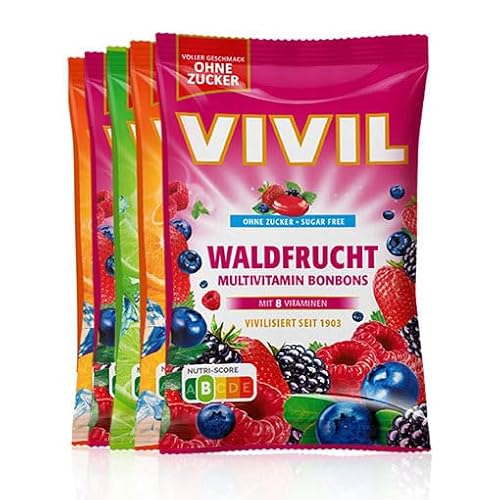 VIVIL Erfrischungsbonbons Mix, 5 Beutel, Erfrischungsbonbons mit Waldfrucht, Wild Orange und Limette-Minze, zuckerfrei, vegan & glutenfrei, 5 x 120g von Vivil