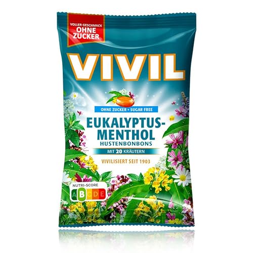 VIVIL Eukalyptus-Menthol mit 20 Kräuter, 1 Beutel, Hustenbonbons mit Eukalyptusgeschmack, ohne Zucker & vegan, 1 x 120g von Vivil