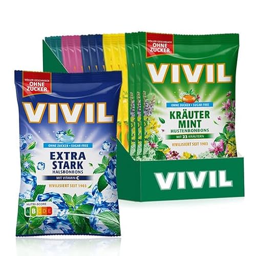 VIVIL Hals-und Hustenbonbons, 15 Beutel, Mix Kräuterbonbons mit Salbei, Eukalyptus-Menthol, Kräuter Mint, Zitronenmelisse und Extra Stark, zuckerfrei, vegan & glutenfrei, 15 x 120g von Vivil